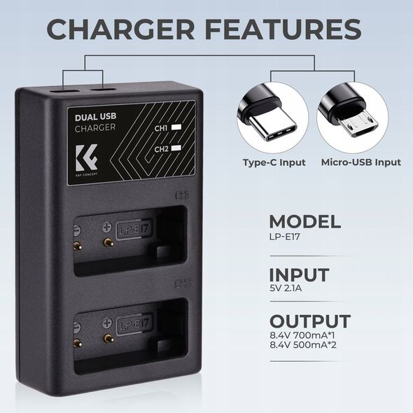 Διπλός Φορτιστής Usb Για Lp-e17 Lpe17 Canon Eos Rp M3 M5 M6 77d 800d 8000d / Kf28.0008