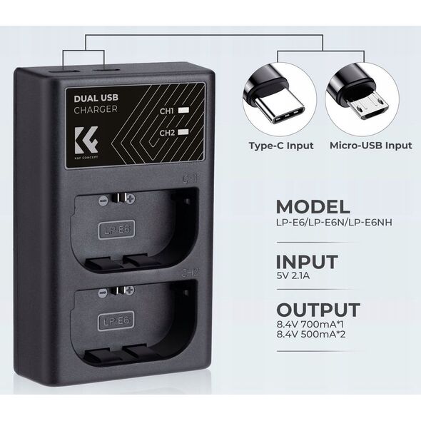 Διπλός Φορτιστής Usb Για Lp-e6 N Nh Canon Eos R5 R6 R 5d 90d 6d 7d 80d K&f / Kf28.0007