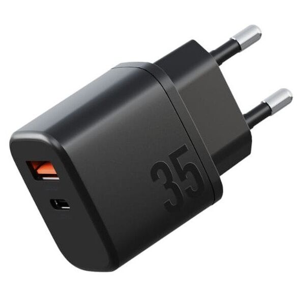 Φορτιστής τοίχου Bazic Goport Velox Kit 1xUSB-C 1xUSB-A GaN 35W με πλεκτό καλώδιο μαύρο