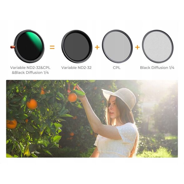 Filtr Hybrydowy 3w1 K&f 72 Mm 72mm Fader Nd2-32 + Cpl + Black Diffusion 1/4 / Kf01.2068