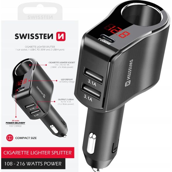 Ładowarka Sourcing Swissten Car Charger 1x USB-C PD / 2x USB-A / CL / LED