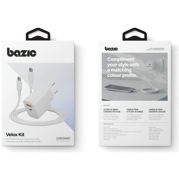 Φορτιστής τοίχου Bazic Goport Velox Kit 1xUSB-C 1xUSB-A GaN 35W με πλεκτό καλώδιο λευκό