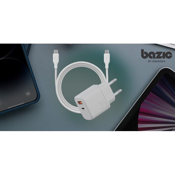 Φορτιστής τοίχου Bazic Goport Velox Kit 1xUSB-C 1xUSB-A GaN 35W με πλεκτό καλώδιο λευκό