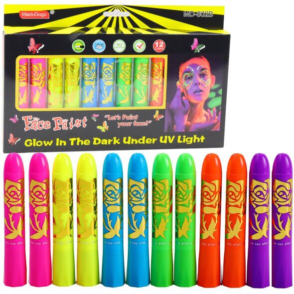 Zestaw Do Malowania Twarzy Pisaki Kredki Neonowe UV Fluorescencyjne 12szt LEAN
