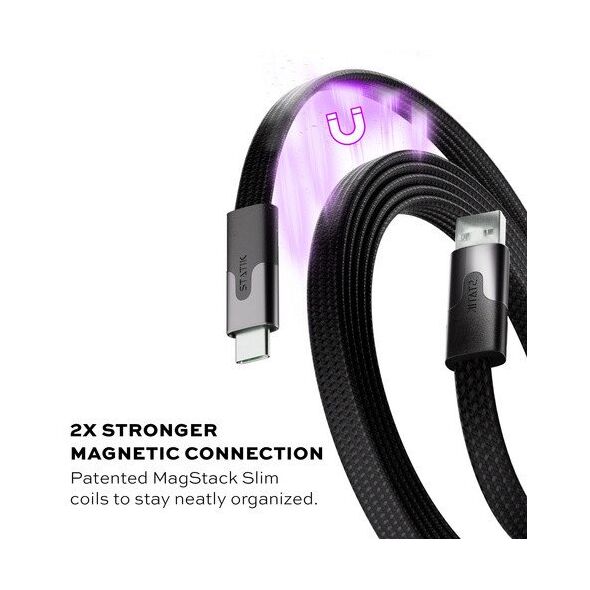 Statik MagStack Slim - καλώδιο USB-A - USB-C 1m, με νάιλον πλέξη, επίπεδο, μαγνητικά αναδιπλούμενο (μαύρο)