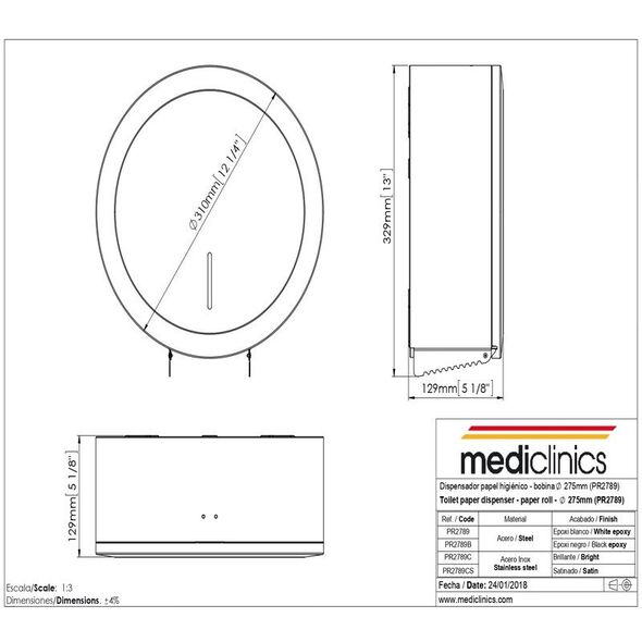 MEDICLINICS CS 3 vt. tualetinio pop. dozatorius 27,5Øcm, satino