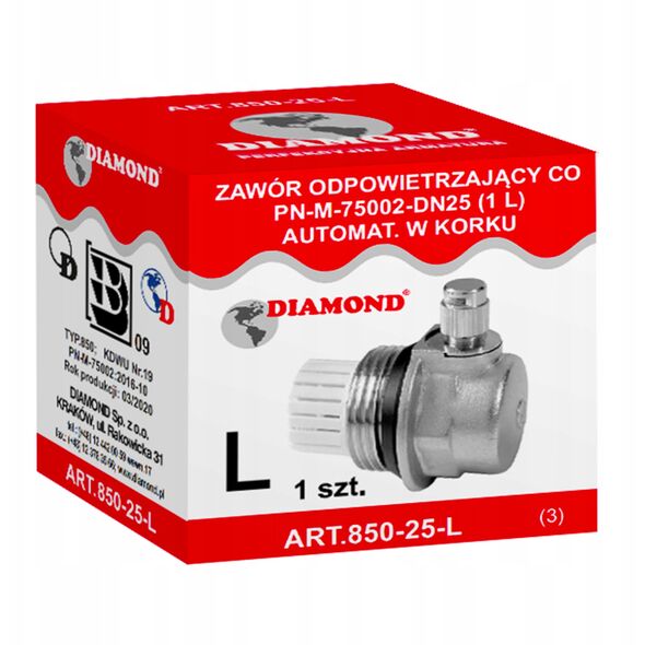 Diamond zawór odpowietrzający C.O. automatyczny w korku 1" ART.850-25-L