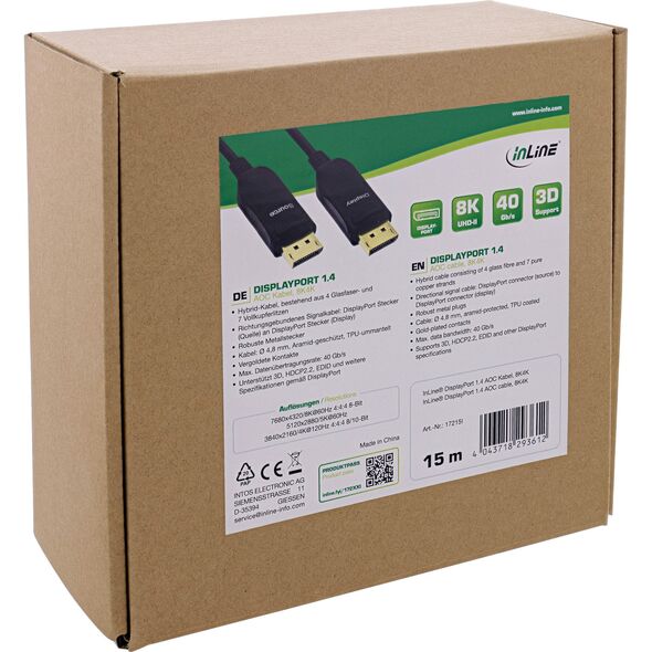 Καλώδιο InLine® DisplayPort 1.4 AOC, 8K4K, μαύρο, 15μ