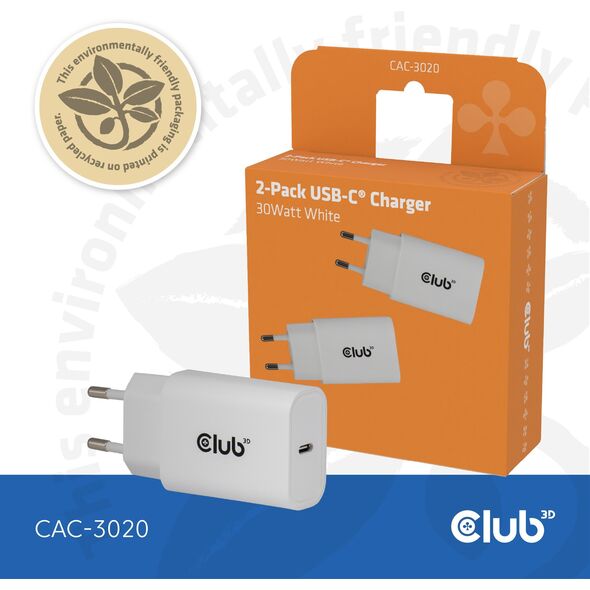Φορτιστής Club3D Lifestyle USB-C 30Watt, 2 τεμάχια λευκός λιανική