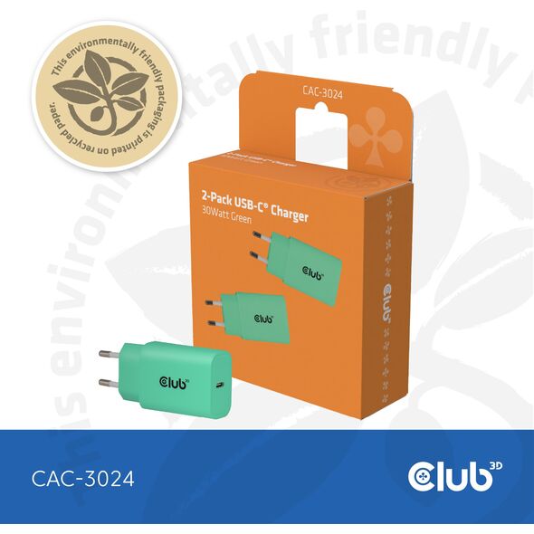 Φορτιστής Club3D Lifestyle USB-C 30Watt, 2 τεμάχια πράσινο λιανικής