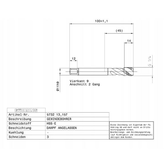 Βρύση μηχανής για τυφλές οπές GUHRING HSS-E 5732 G1/4 - 19 στροφές