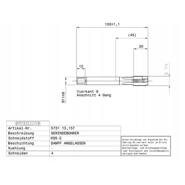 Βρύση μηχανής για διαμπερείς οπές GUHRING HSS-E 5731 G1/4 - 19 στροφές