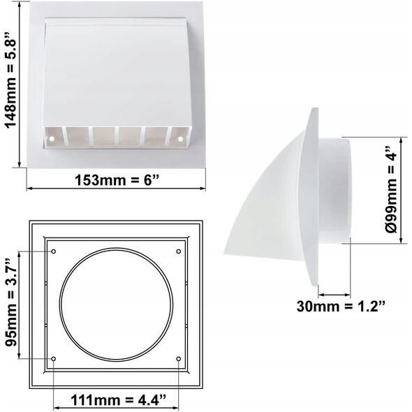 VENTIL. GRILLE PLASTIC 148X153MM Ø100MM