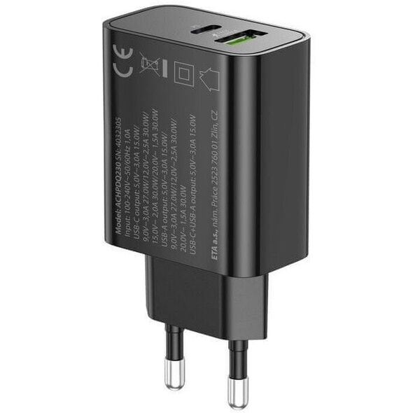 Φορτιστής USB Gogen ACHPDQ230B PD 30W 15V C+A μαύρο