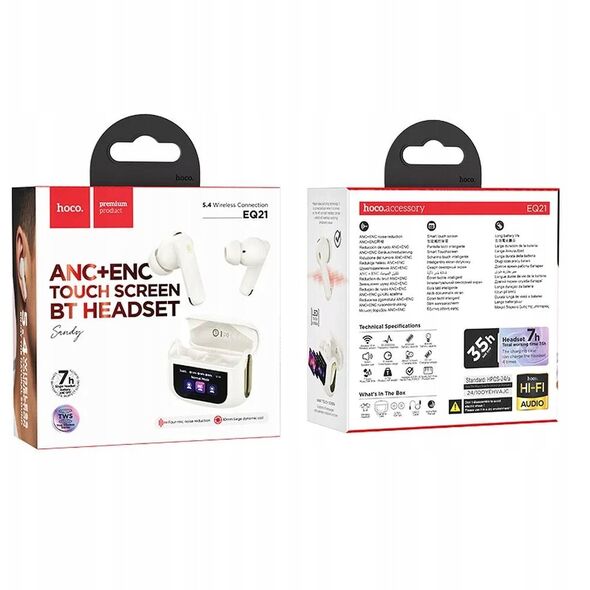 HOCO słuchawki bezprzewodowe bluetooth z ekranem dotykowym TWS ANC + ENC EQ21 białe