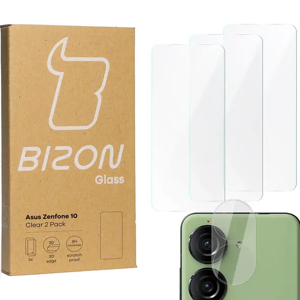 3x Szkło na ekran + szkło na aparat BIZON Clear do Asus Zenfone 10