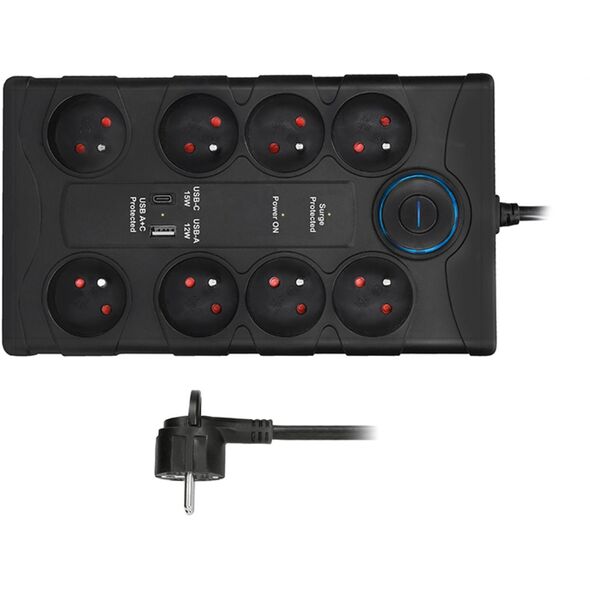 Solight přepěťová ochrana, 8z, USB A+CA, 2m, černá