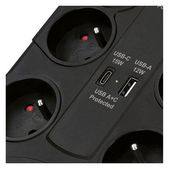 Solight přepěťová ochrana, 8z, USB A+CA, 2m, černá