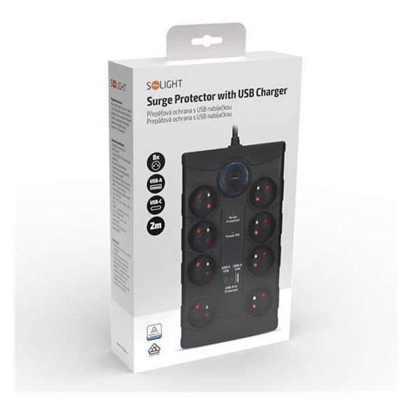 Solight přepěťová ochrana, 8z, USB A+CA, 2m, černá