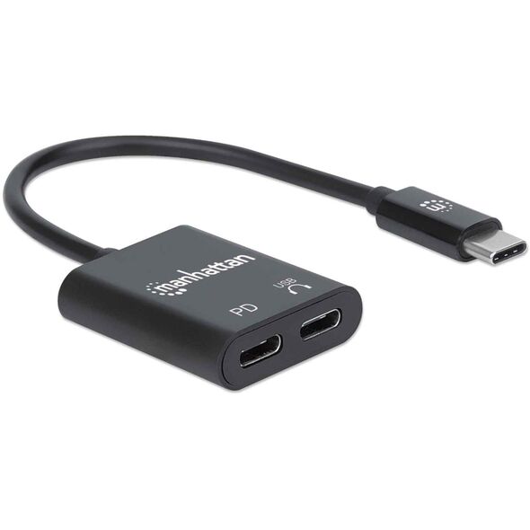 Προσαρμογέας ήχου MANHATTAN USB-C με θύρα φόρτισης Power Delivery USB-C αρσενικό σε θύρα ήχου USB-C και θύρα Power Delivery USB-C μαύρο
