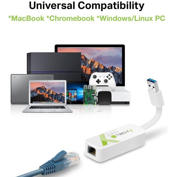 Προσαρμογέας TECHLY USB3.0 RJ45 Weiss USB Stecker Typ A am Kabel auf RJ45 Netzgeschwindigkeit 10/100/1000 MBit/s