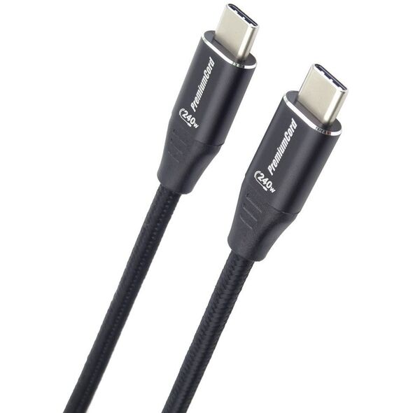 PREMIUMCORD Καλώδιο USB-C M/M, 240W 480Mbps μαύρο βαμβακερό πλέξιμο, 1,5m
