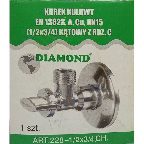 Γωνιακή βαλβίδα σφαιρικού τύπου Diamond με ροζέτα 1/2"x3/4", χρώμιο ART.228-1/2X3/4.CH