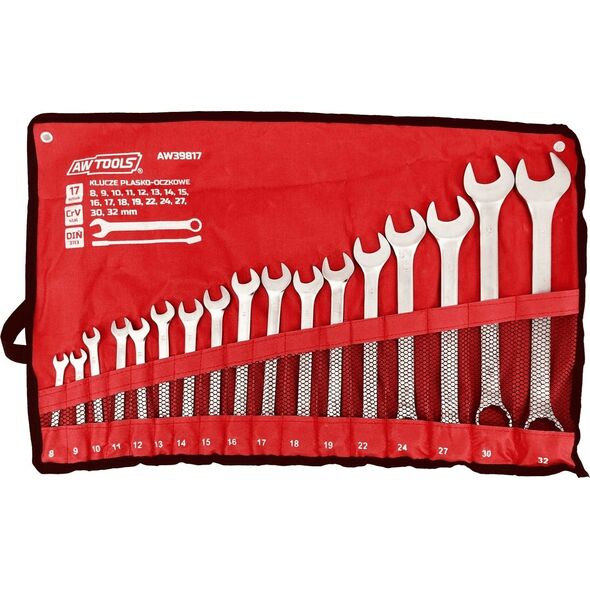 AWTools zestaw kluczy płasko-oczkowych 17 sztuk, 8mm-32mm, matowe (AW39817)
