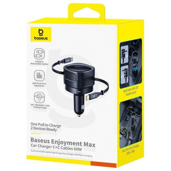 Ładowarka samochodowa Baseus Enjoyment Max z kablami USB-C+USB-C 60W Czarny