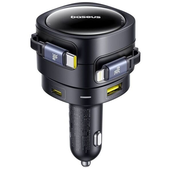 Ładowarka samochodowa Baseus Enjoyment Max z kablami USB-C+Lightning i portami USB-A+USB-C 90W Czarny