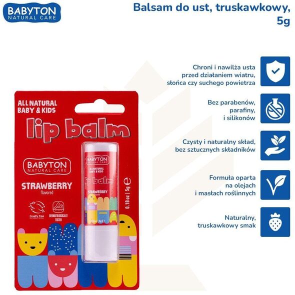 Babyton, Balsam do ust, truskawkowy smak, bezpieczny od narodzin, 5 g