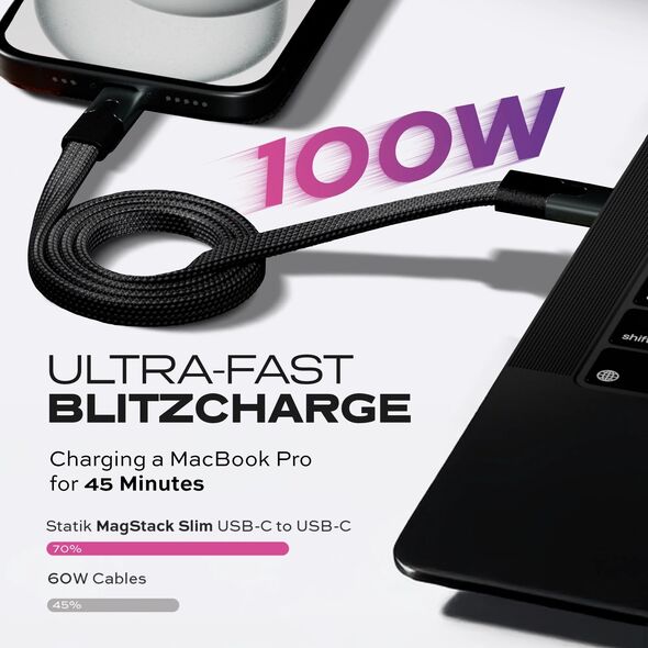 Statik MagStack Slim Pro - καλώδιο USB-C - USB-C 1m, με νάιλον πλέξη, επίπεδο, μαγνητικά αναδιπλούμενο (μαύρο)