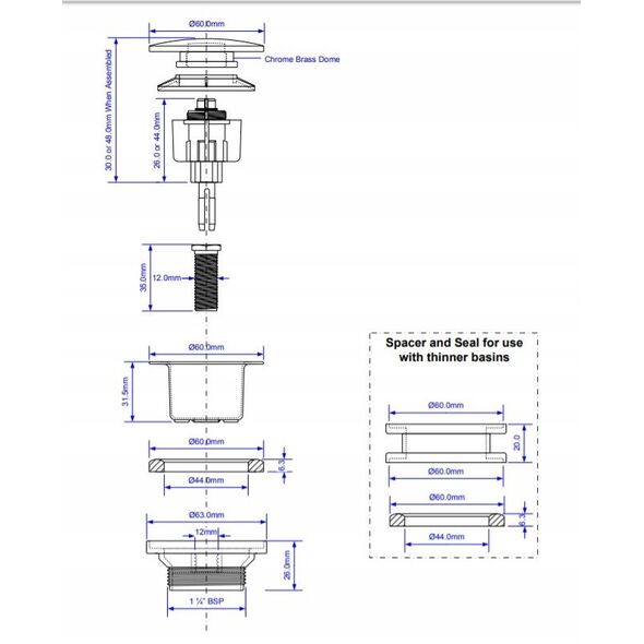 Πώμα KLIK-KLAK 11/4x60MM UNIWERSALNY NISKI CZ.MAT