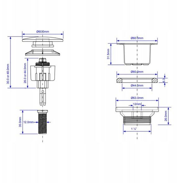 Πώμα KLIK-KLAK 11/4x60MM UNIWERSALNY NISKI CZ.MAT