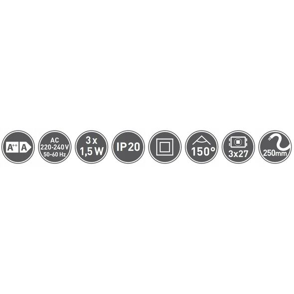 Φωτιστικά LED χωνευτά GTV BARRI, 3x1.5 W, 3x80 lm, 2700 K, 220 V, χρώμα αλουμινίου, ο7 εκ., 3 τεμ.