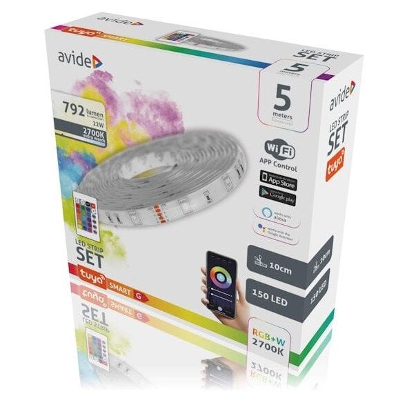 Κιτ έξυπνης λωρίδας LED AVIDE, IP65, 30LED/m, RGB, 22W, ρυθμιζόμενο, WIFI, ελεγχόμενο από τηλέφωνο, με τηλεχειριστήριο, 5m