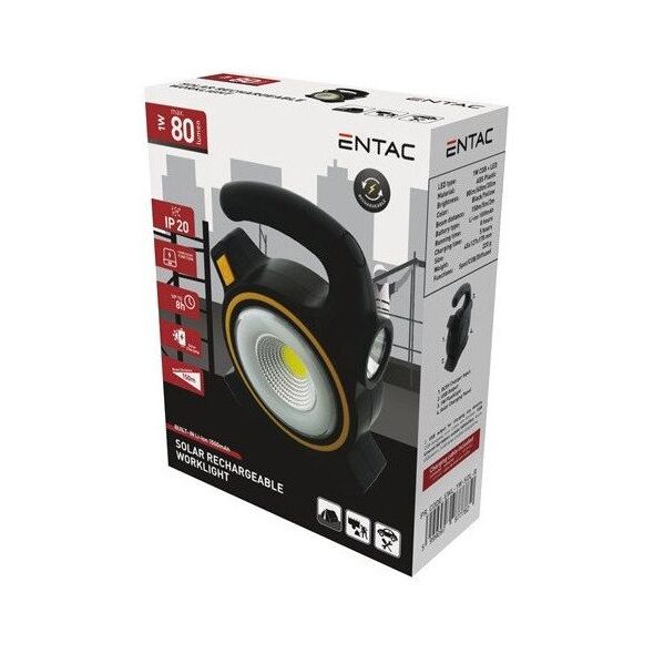 φακός LED ENTAC, IP20, 1W + ηλιακό LED, 80 lm, επαναφορτιζόμενος μέσω USB, 4.5 x 12.7 x 17 cm