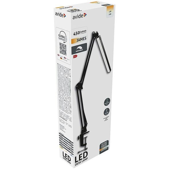 Λάμπα LED τραπεζιού με σφιγκτήρα AVIDE JAMES, 12 W, CCT, 450 lm, USB, μαύρο