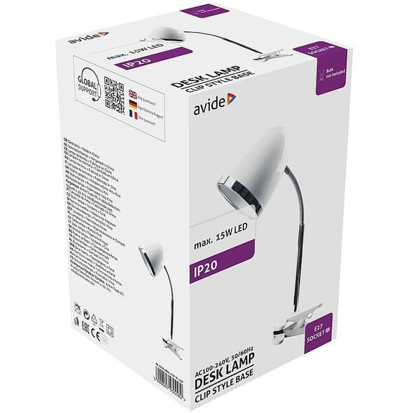 Λάμπα γραφείου με σφιγκτήρα AVIDE, E27, max 15 W, λευκό, 16 x 16 x 33 cm