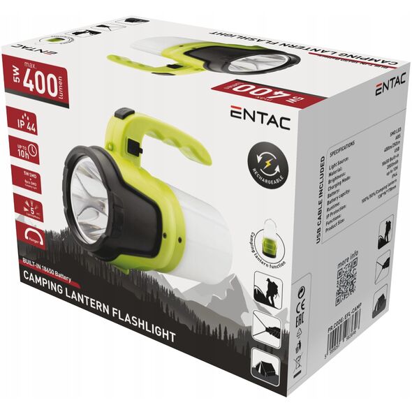 Φακός κατασκήνωσης LED ENTAC, IP44, 5W, 400 lm, επαναφορτιζόμενος μέσω USB, 13.8 x 9.6 x 17.8 cm
