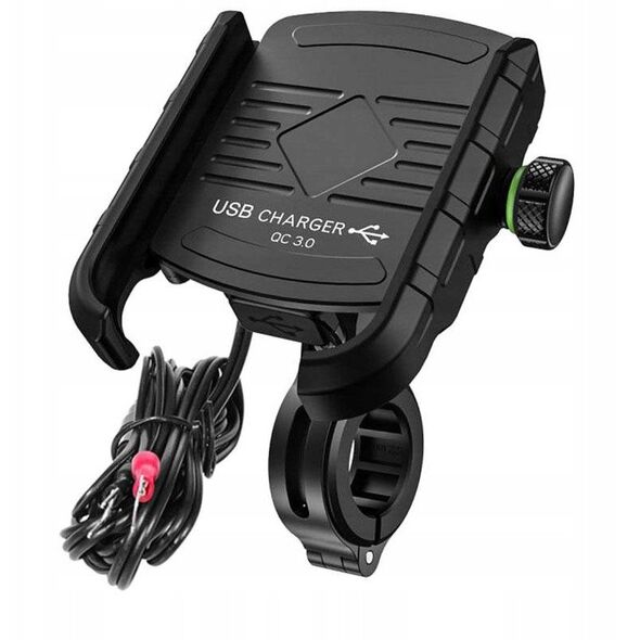 Βάση τηλεφώνου με φορτιστή USB Qiuck Charge 3.0 R9-metal usb qc 3.0 4 RIDE (για τιμόνι 20-30mm, χρώμα μαύρο, Μεταλλικό, τοποθετείται στο τιμόνι ή στη βίδα του καθρέφτη)