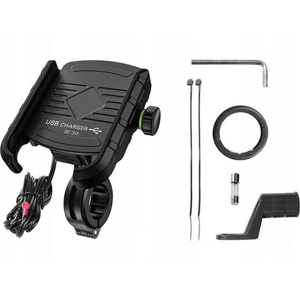 Βάση τηλεφώνου με φορτιστή USB Qiuck Charge 3.0 R9-metal usb qc 3.0 4 RIDE (για τιμόνι 20-30mm, χρώμα μαύρο, Μεταλλικό, τοποθετείται στο τιμόνι ή στη βίδα του καθρέφτη)