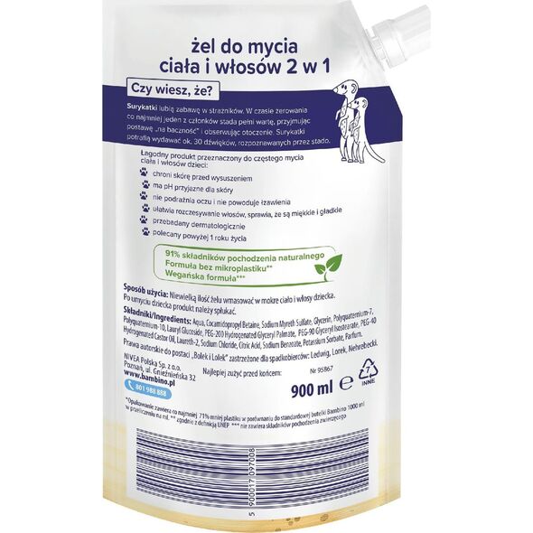 Nivea Bambino Dzieciaki Żel do mycia ciała i włosów 2w1 Surykatki Refill 900 ml