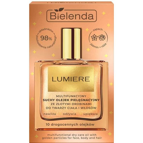 BIELENDA Lumiere Multifunkcyjny suchy olejek pielęgnacyjny ze złotymi drobinami do twarzy, ciała i włosów 50 ml