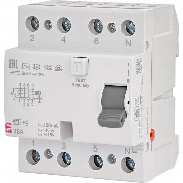 Διακόπτης διαρροής Etipo Polam EFI-P4 002061621 3P+N 25A AC 0,1mA 10kA