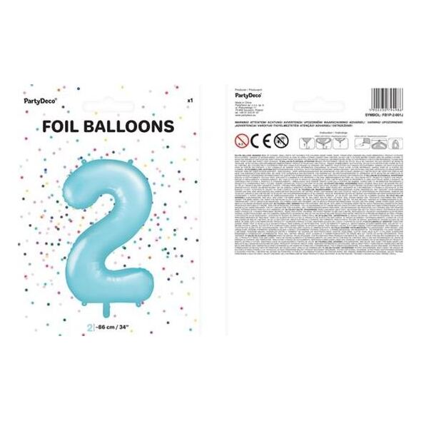 Party Deco Balon foliowy cyfra 2, jasnoniebieski, 86 cm uniwersalny