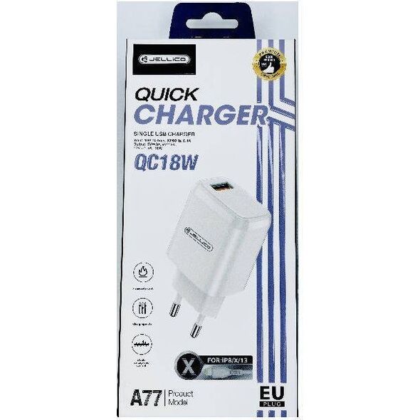 Ładowarka Jellico ŁADOWARKA SIECIOWA - A77 18W USB3.0 + KABEL LIGHTNING ZESTAW BIAŁY