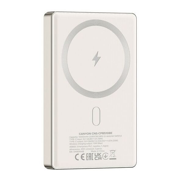 CANYON Powerbank OnPower 510 slim Magsafe 10000 mAh PD20W Μπεζ