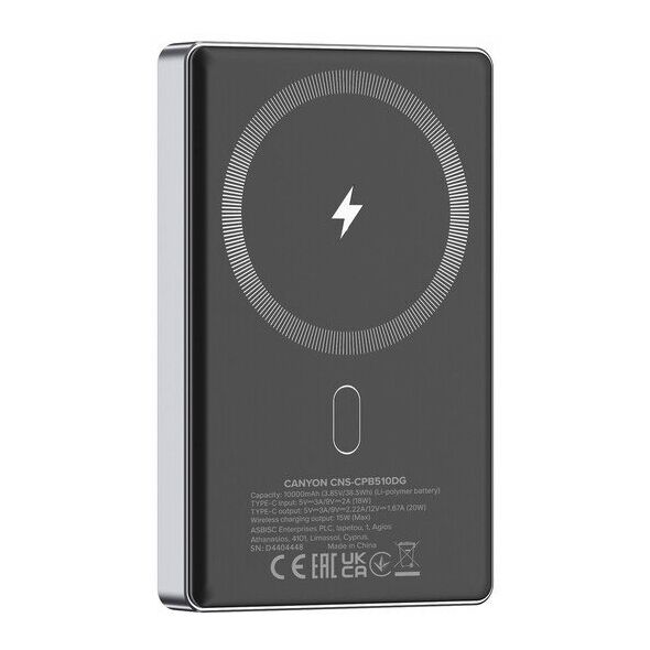 CANYON Powerbank OnPower 510 slim Magsafe 10000 mAh PD20W Γραφίτης