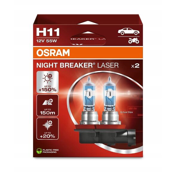 Λάμπα (Σετ 2 τεμ.) H11 12V 55W PGJ 19-2 έως 150 μ. μήκος δέσμης φωτός, έως 150% μεγαλύτερη φωτεινότητα, έως 20% λευκότερο φως Night Breaker Laser, λευκή